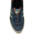 The top-down view of a single Gola men's sneaker in navy, grey, green, and brown.