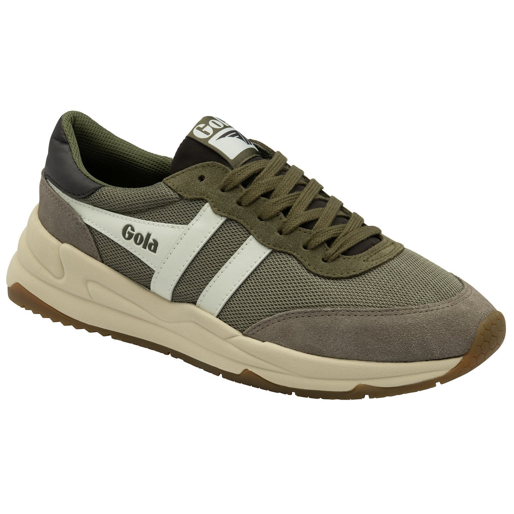 A single Gola men's sneaker in olive green with white stripes, three-quarter view.
