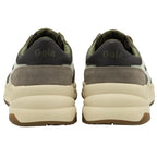 A pair of Gola men's sneakers in olive green with white stripes, rear view.