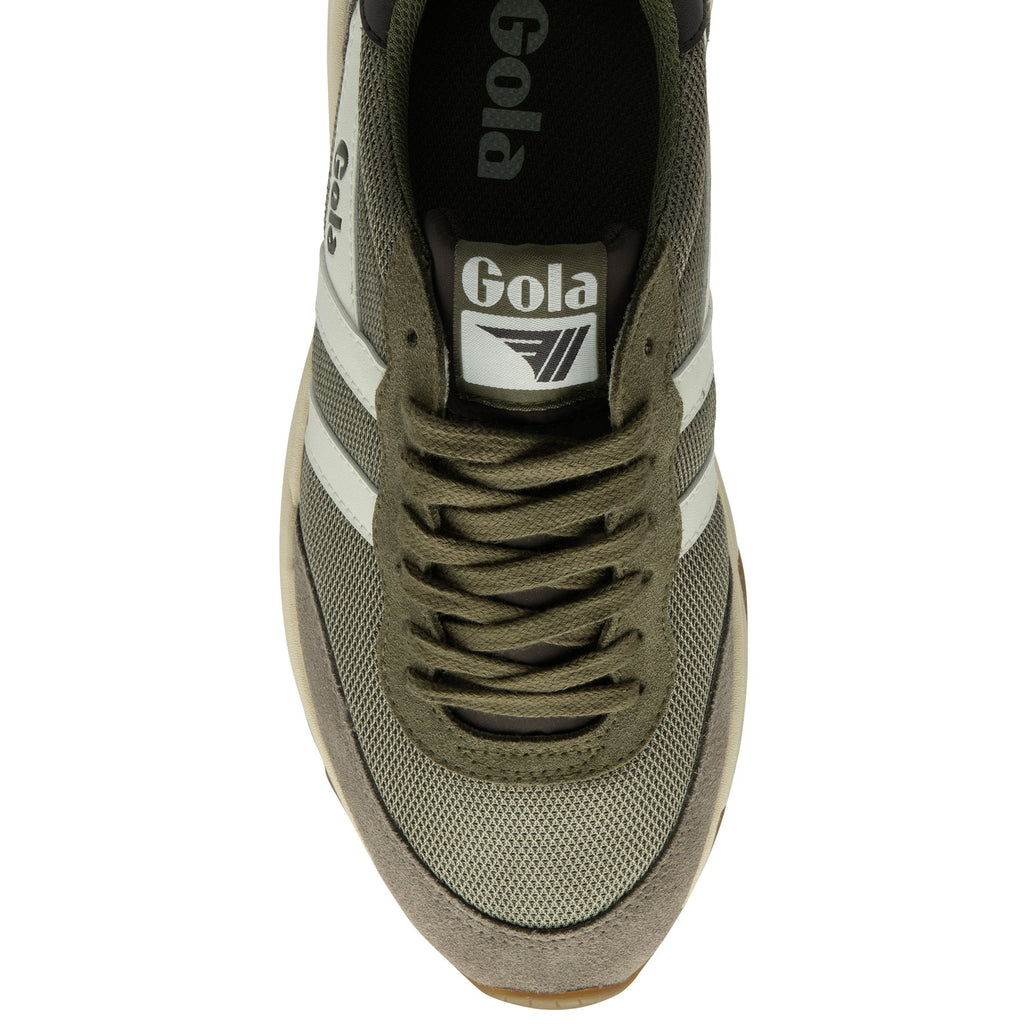 A single Gola men's sneaker in olive green with white stripes, top-down view.