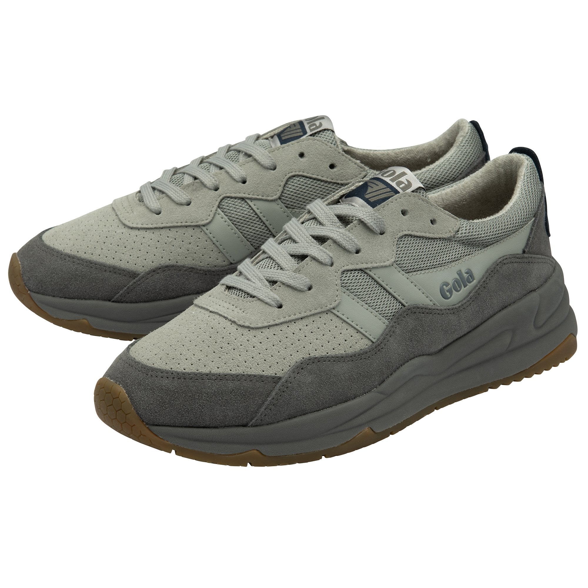 A pair of light grey and dark grey Gola sneakers with brown soles.