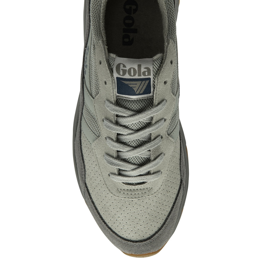 The top-down view of a light grey Gola sneaker with dark grey details and laces.