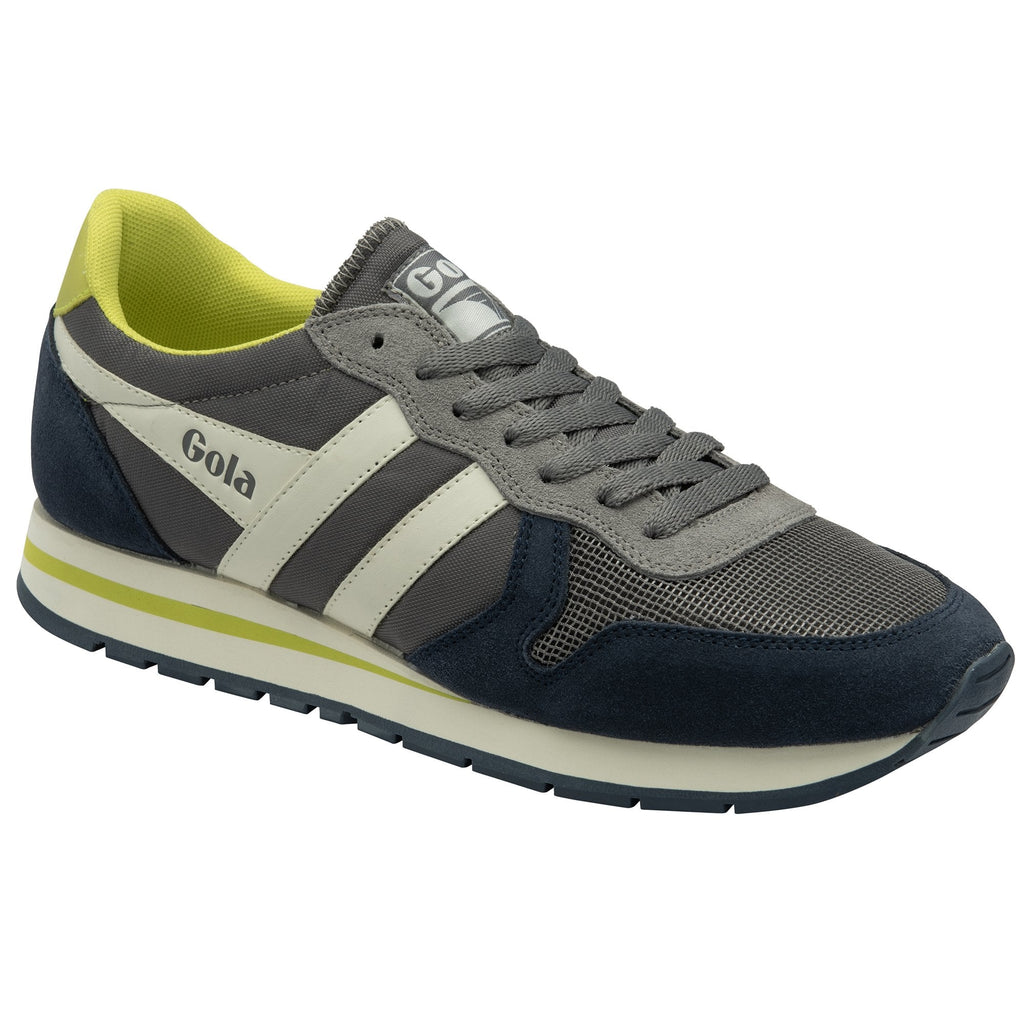 A gray, navy, and lime green Gola sneaker with white stripes, slightly angled.