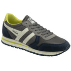 A gray, navy, and lime green Gola sneaker with white stripes, slightly angled.