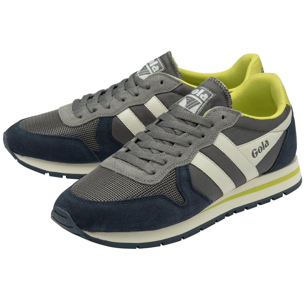 A pair of gray, navy, and lime green Gola sneakers with white stripes.