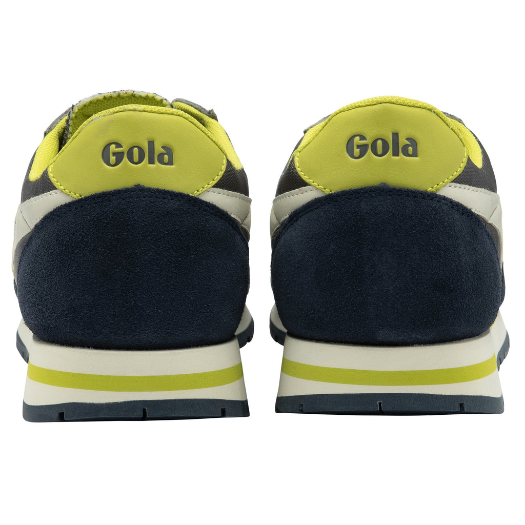 The heels of two Gola sneakers in gray, navy, and lime green on a white background.