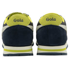 The heels of two Gola sneakers in gray, navy, and lime green on a white background.