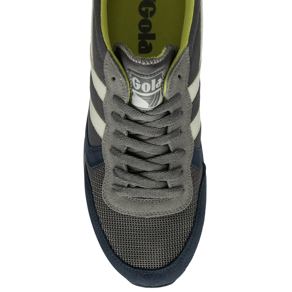 Top-down view of a gray, navy, and lime green Gola sneaker with white stripes.