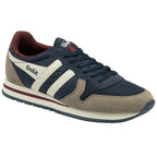 A single Gola men's sneaker, angled slightly to the left, in navy, taupe, and off-white.
