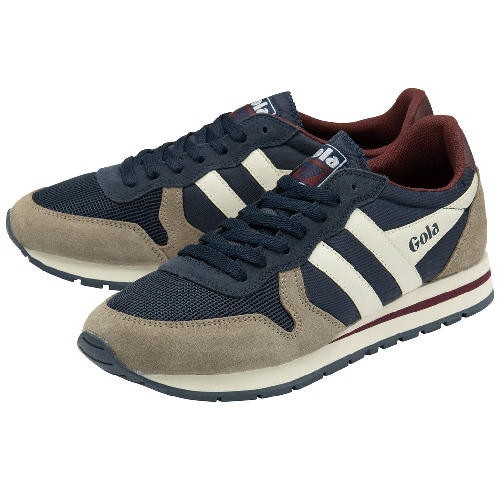 A pair of Gola men's sneakers in navy, taupe, and off-white with burgundy accents.