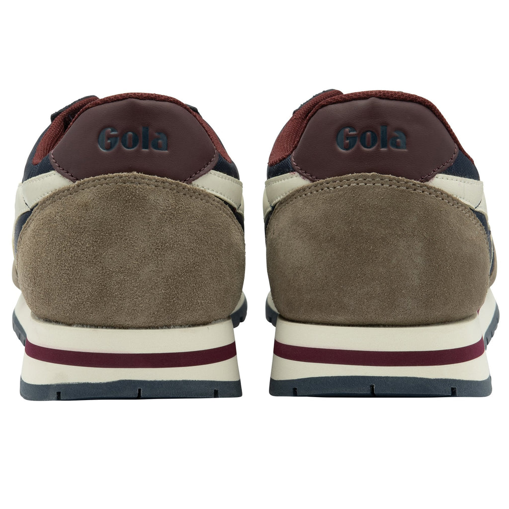 Rear view of a pair of Gola men's sneakers in navy, taupe, and off-white.