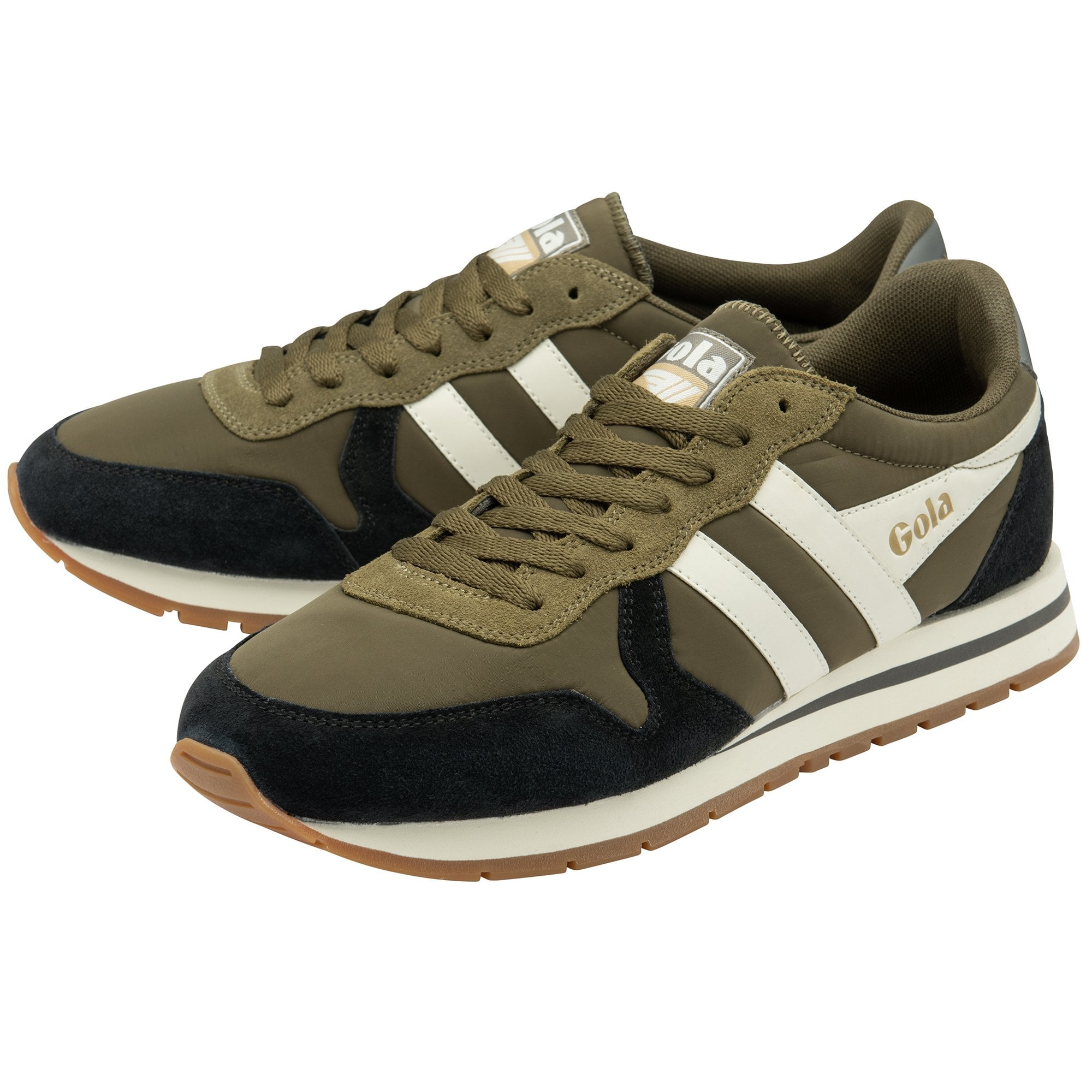 Pair of Gola men's sneakers in olive green, black, and white at an angle.