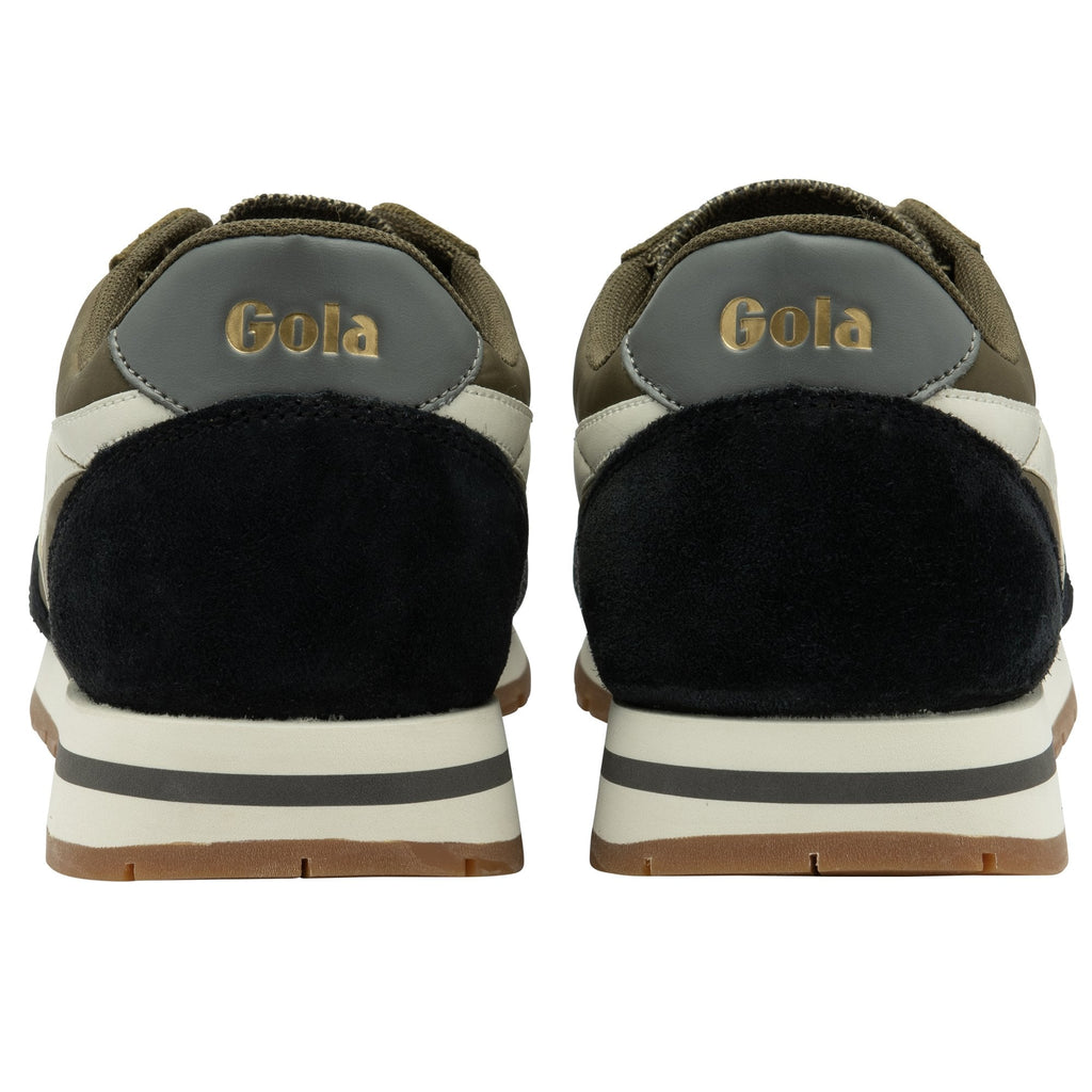 Rear view of a pair of Gola men's sneakers in olive green, black, and white.