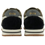 Rear view of a pair of Gola men's sneakers in olive green, black, and white.