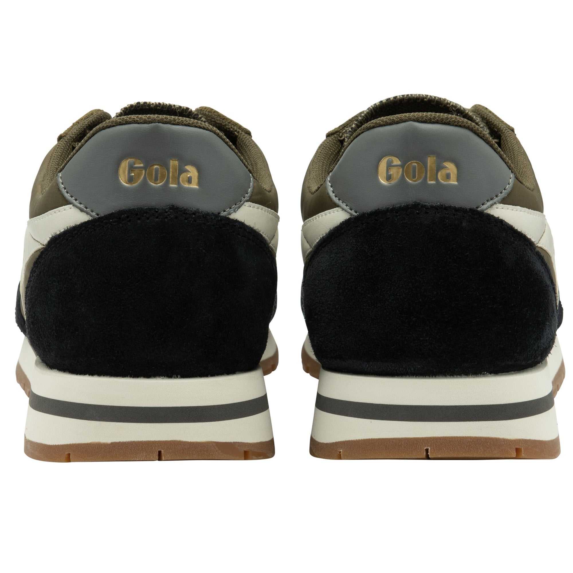 Rear view of a pair of Gola men's sneakers in olive green, black, and white.