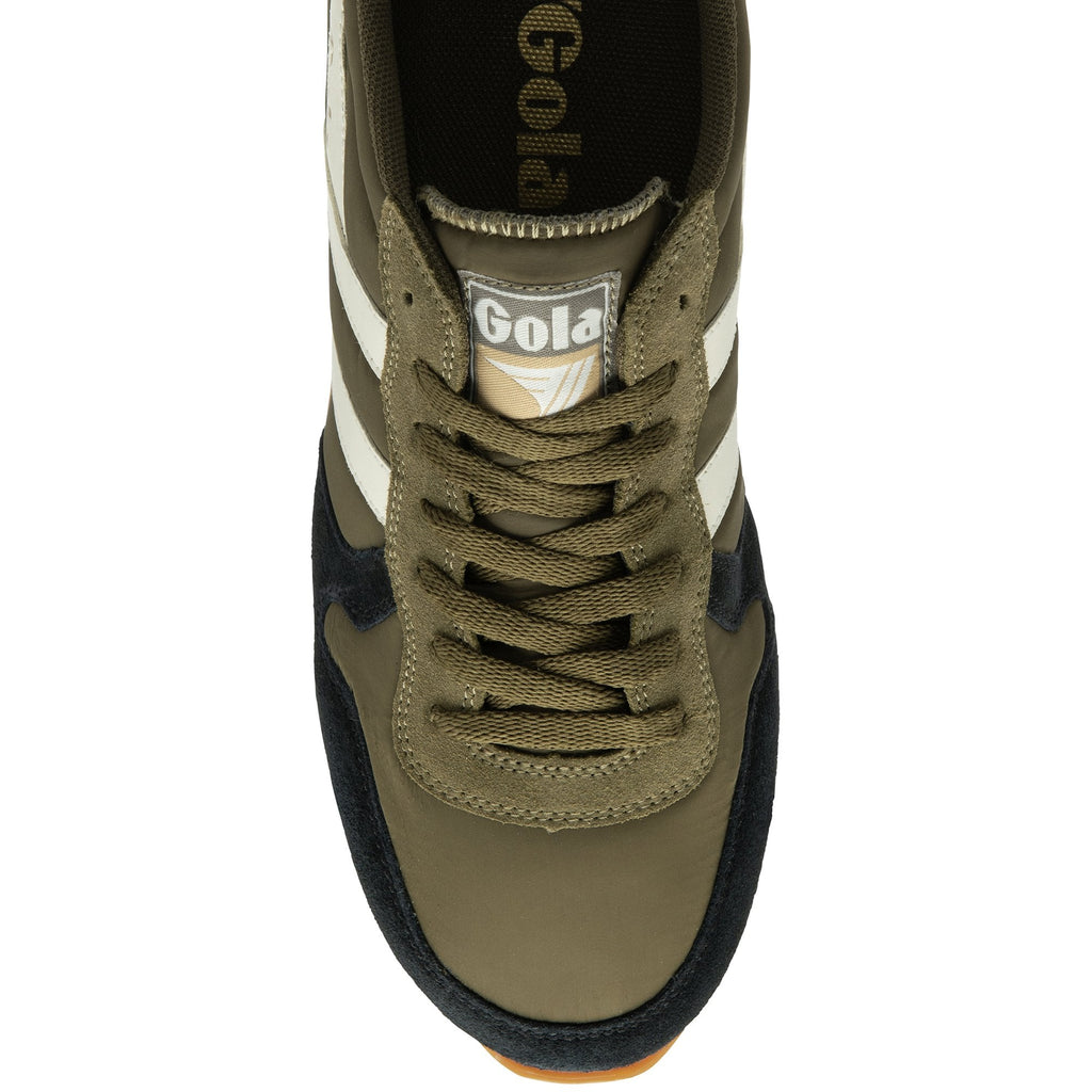 Top down view of a single Gola men's sneaker in olive green, black, and white.