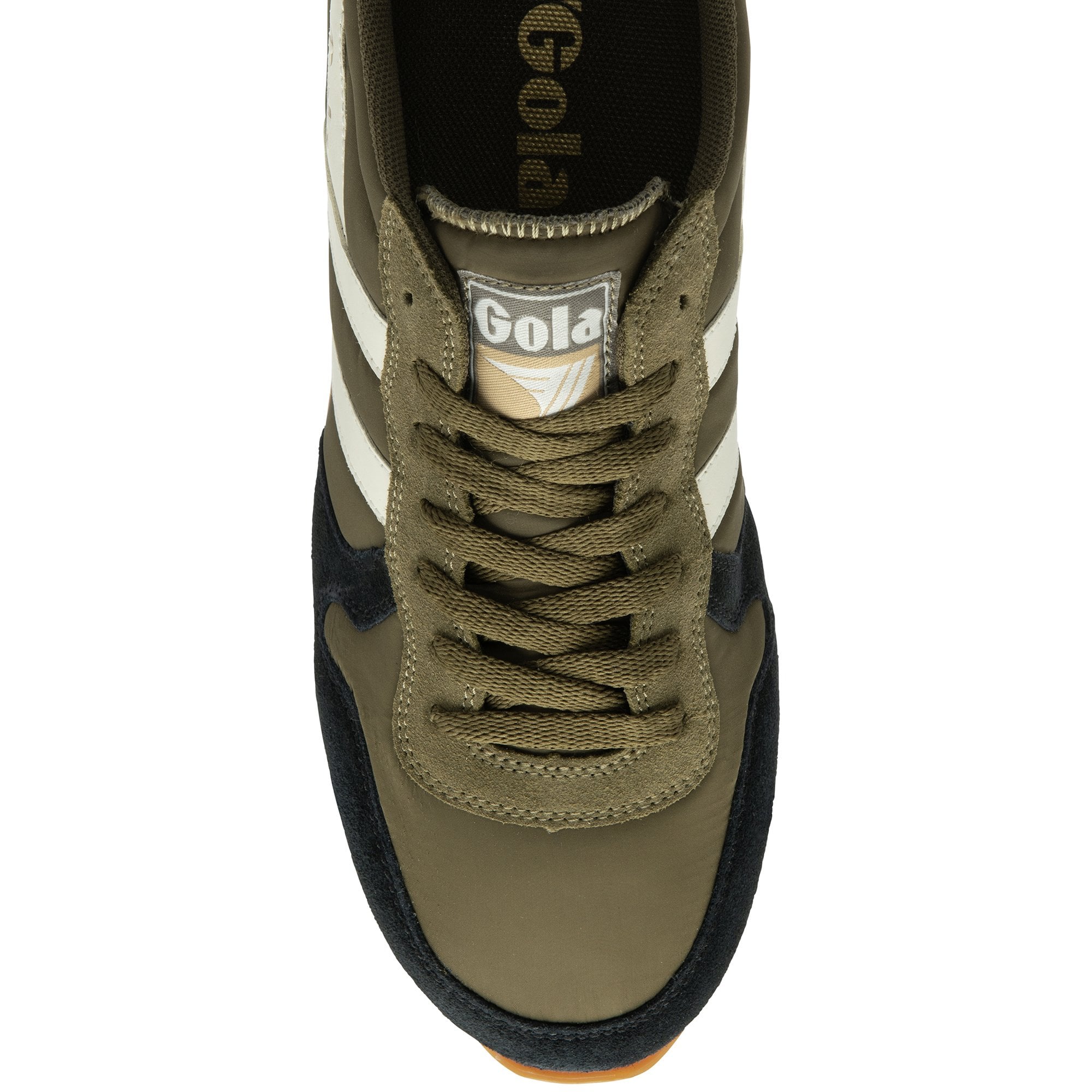 Top down view of a single Gola men's sneaker in olive green, black, and white.