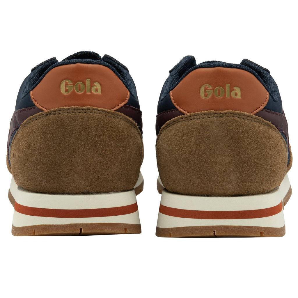 Back view of a pair of Gola men's sneakers in navy and brown.