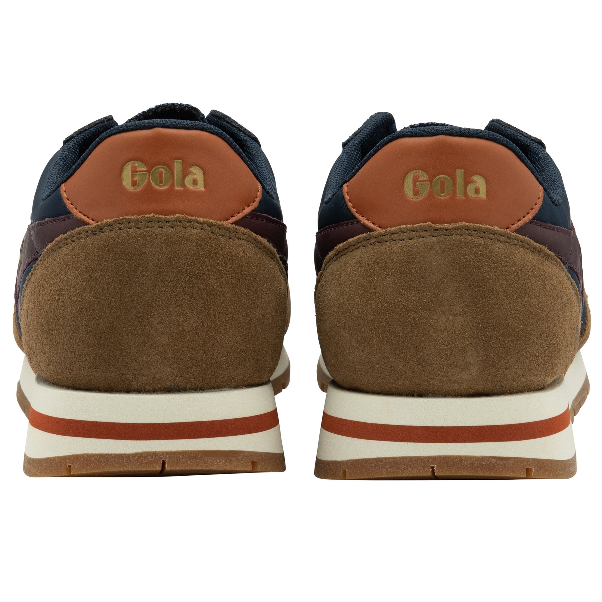 Back view of a pair of Gola men's sneakers in navy and brown.