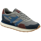 Angled view of a single Gola men's sneaker in grey, blue, and maroon.