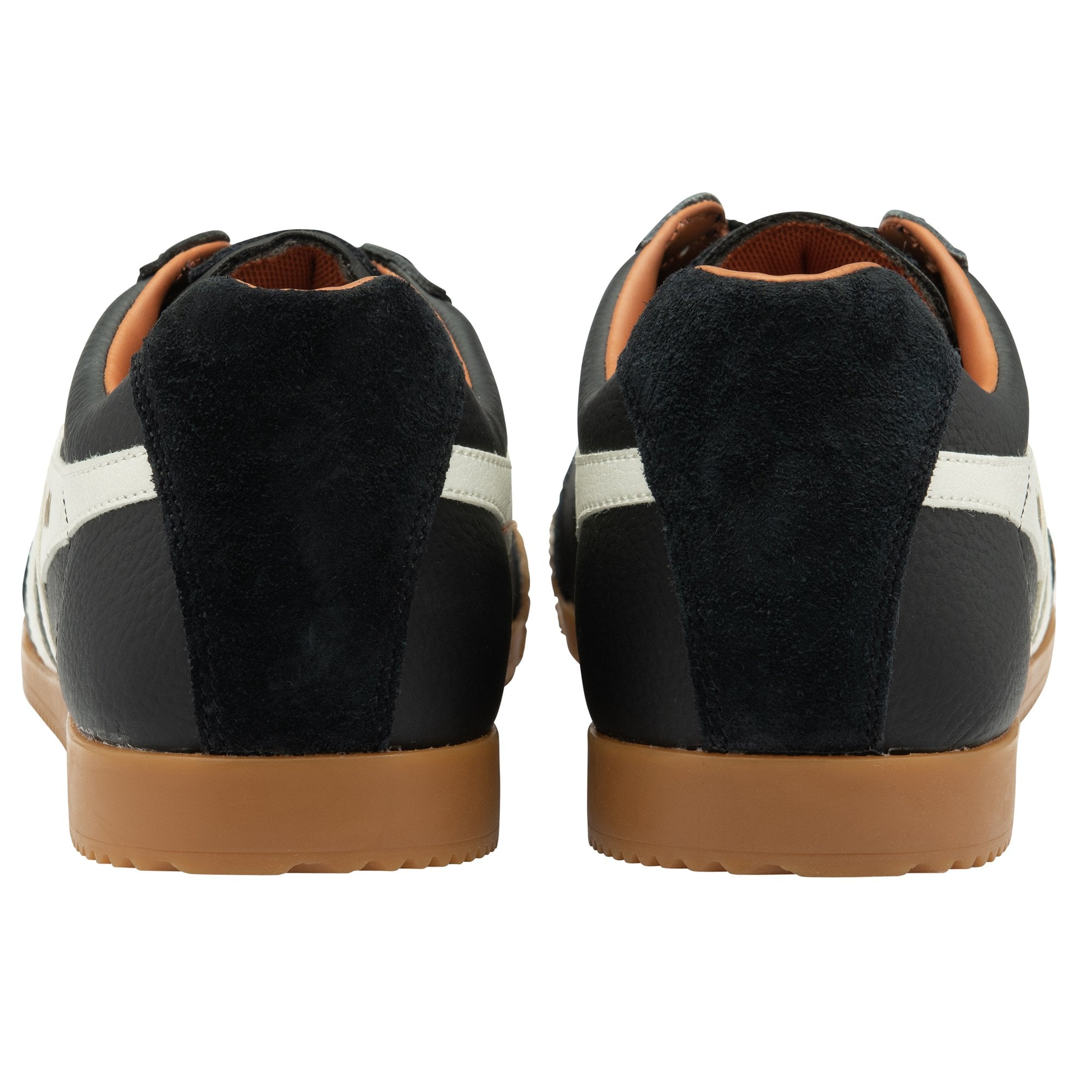 The back view of two black Gola men's shoes with white stripes and tan soles.