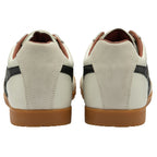 Rear view of a pair of Gola men's sneakers in off-white with black stripes.