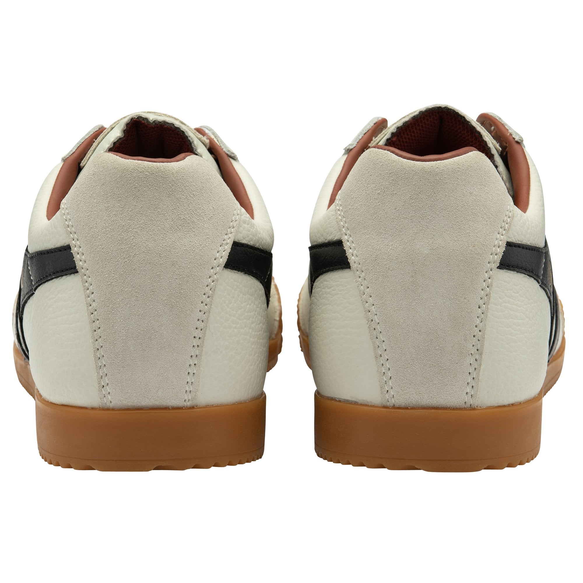 Rear view of a pair of Gola men's sneakers in off-white with black stripes.