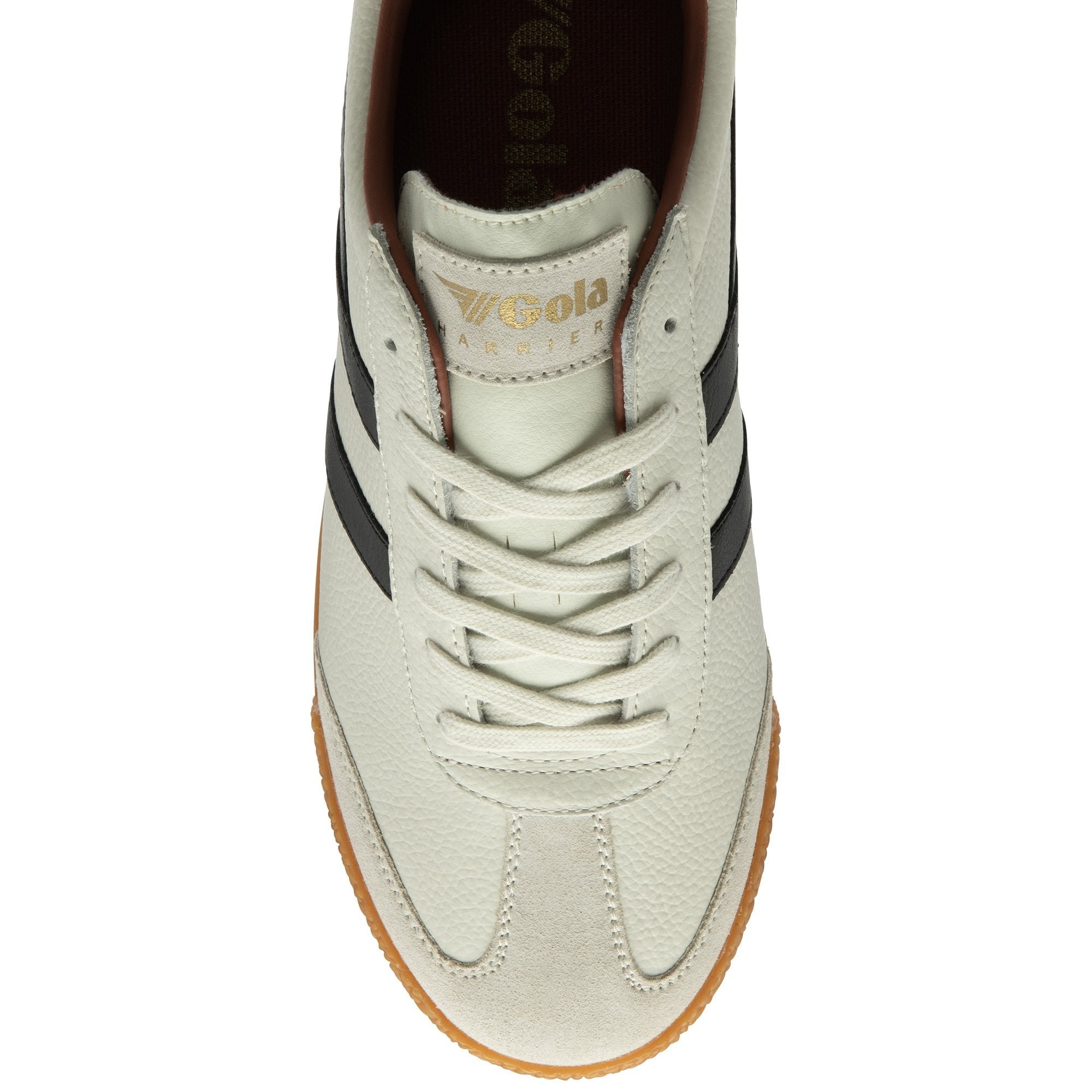 Top-down view of a Gola men's sneaker in off-white with black stripes and a gum sole.
