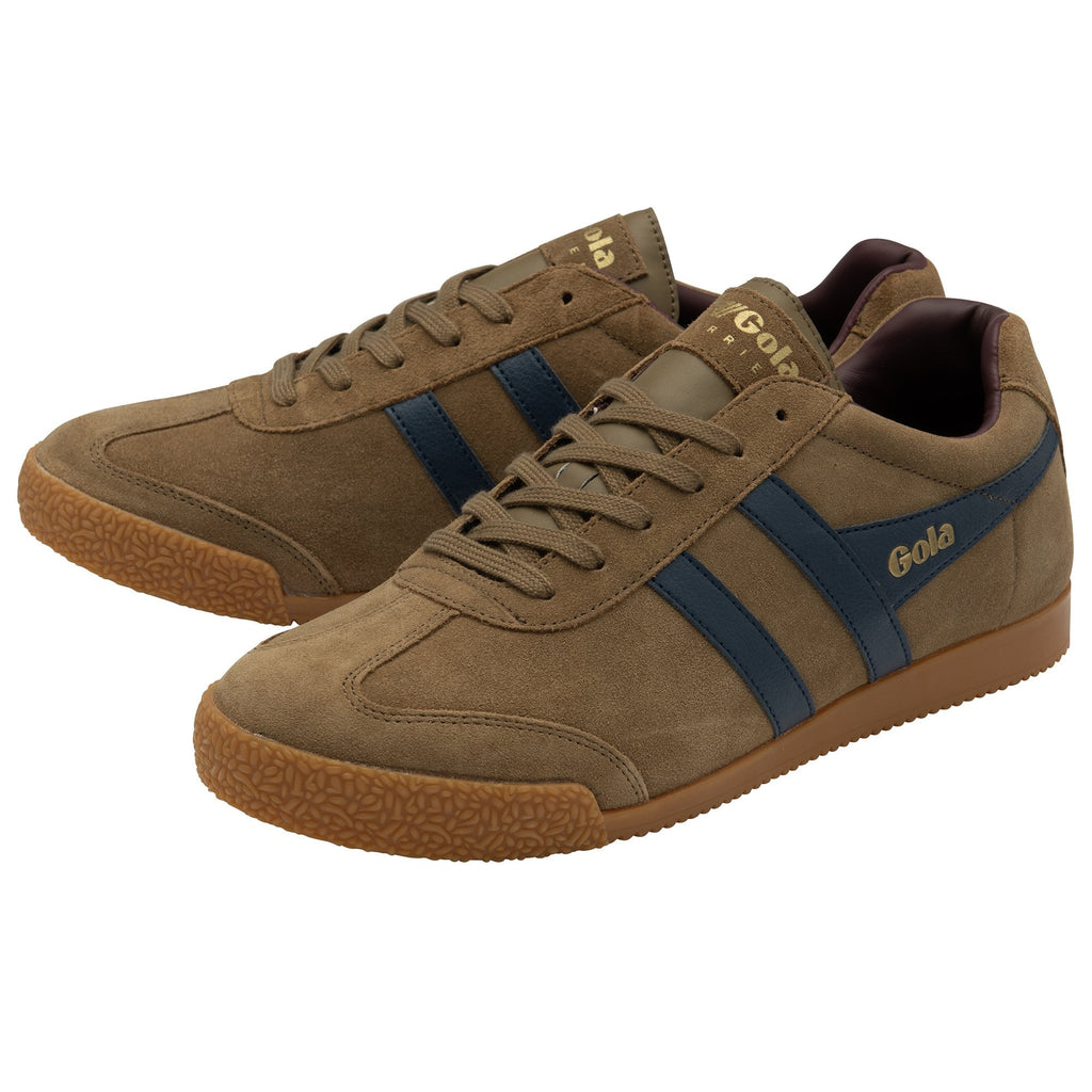 A pair of Gola Harrier trainers in Rich Camel/Deep Blue.