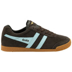 Gola trainer in dark brown with light blue side stripes and gum sole on a white background