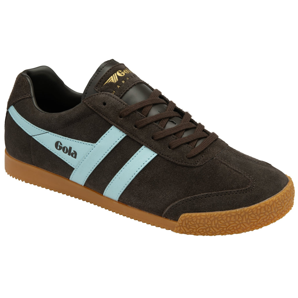 Brown Gola Harrier suede trainer with light blue stripes and a gum sole, angled view.