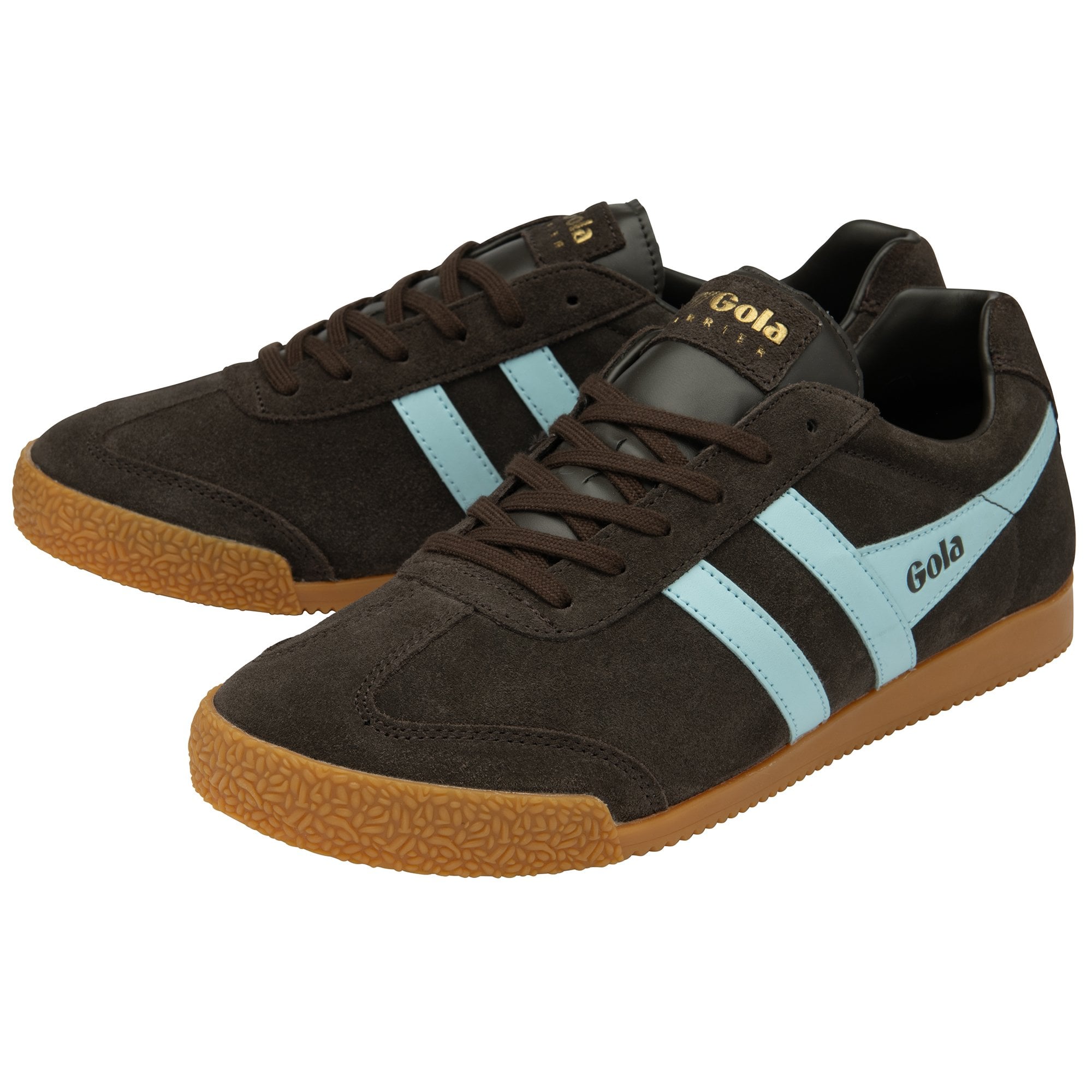 Pair of brown Gola Harrier suede trainers with light blue stripes and gum soles.