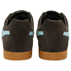Back view of two brown Gola Harrier suede trainers with light blue stripes.