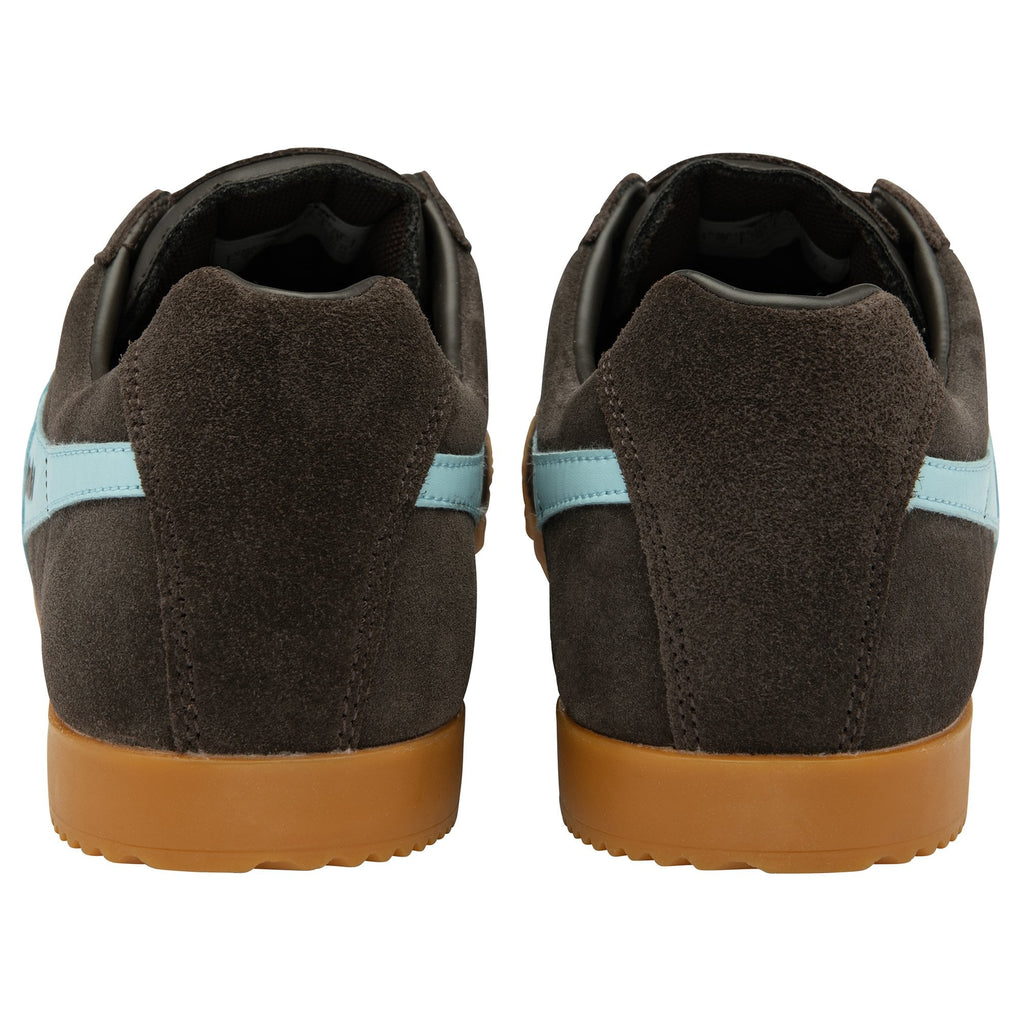 Pair of brown trainers with light blue stripes and gum soles, rear view on a white background