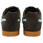Pair of brown trainers with light blue stripes and gum soles, rear view on a white background
