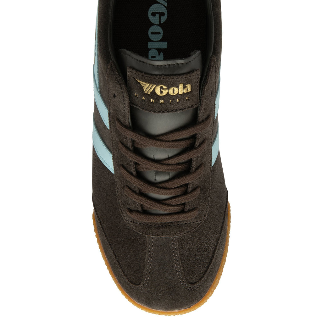 Top-down view of a brown Gola Harrier suede trainer with light blue stripes.