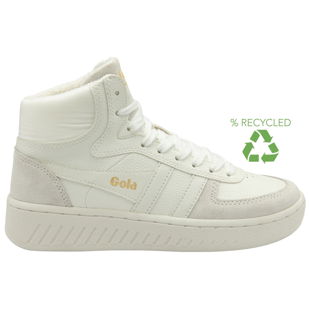 A recycled logo next to a white high-top sneaker with gold Gola branding.