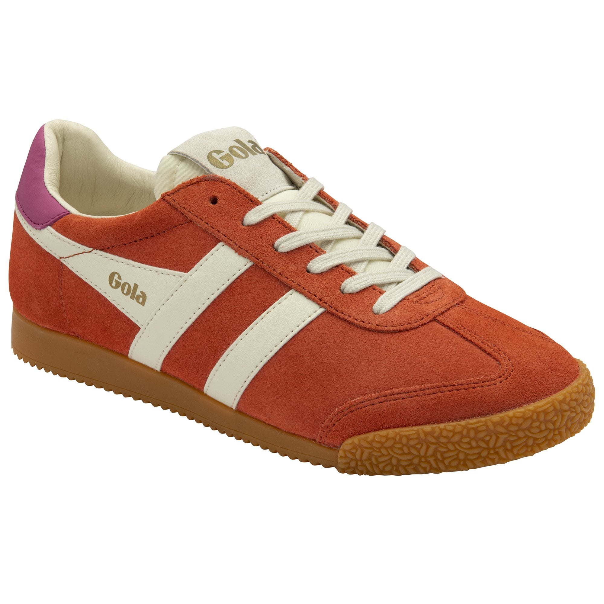 A single Gola women's trainer in sun orange, cream, and magenta, angled view.