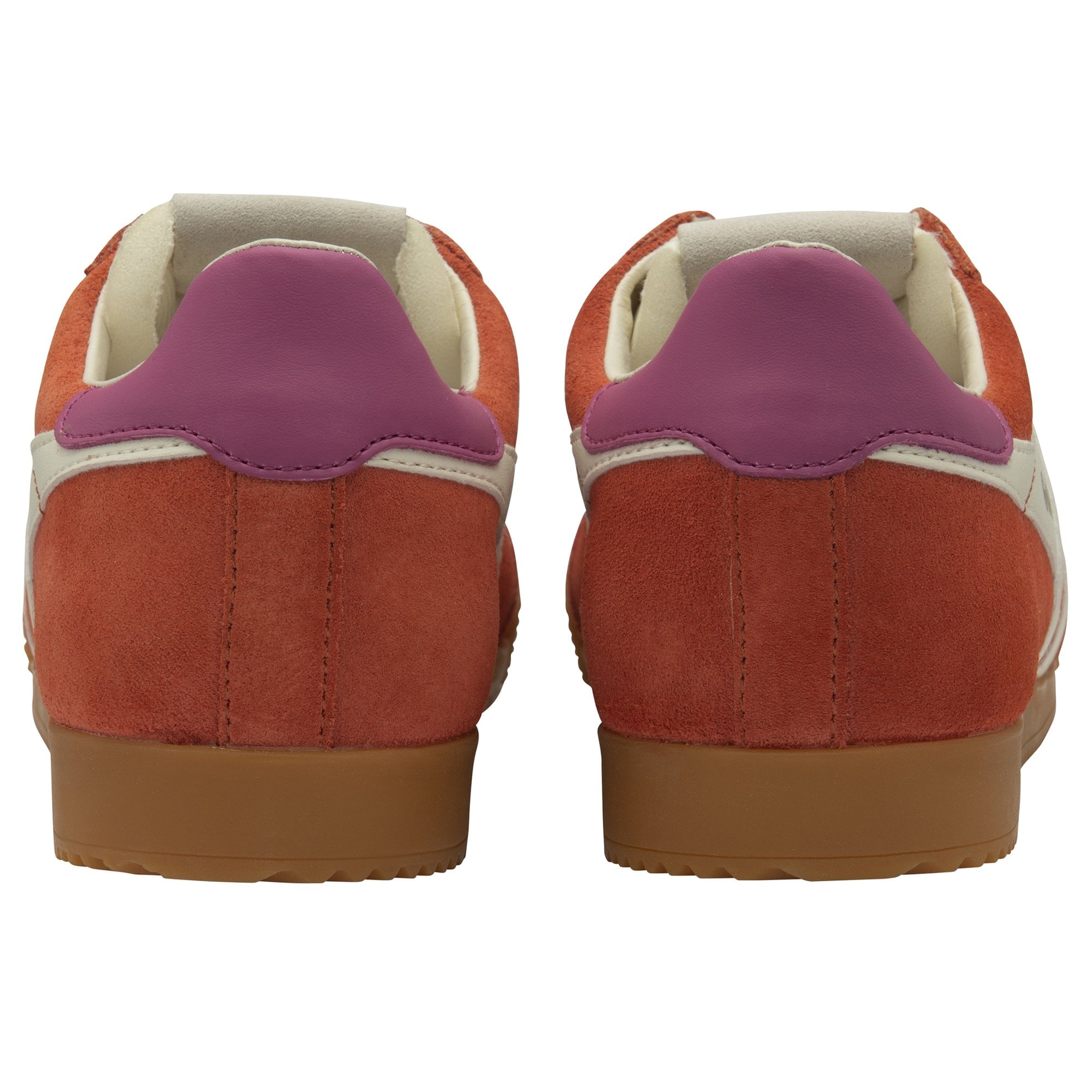 A pair of Gola women's trainers in sun orange, cream, and magenta, rear view.