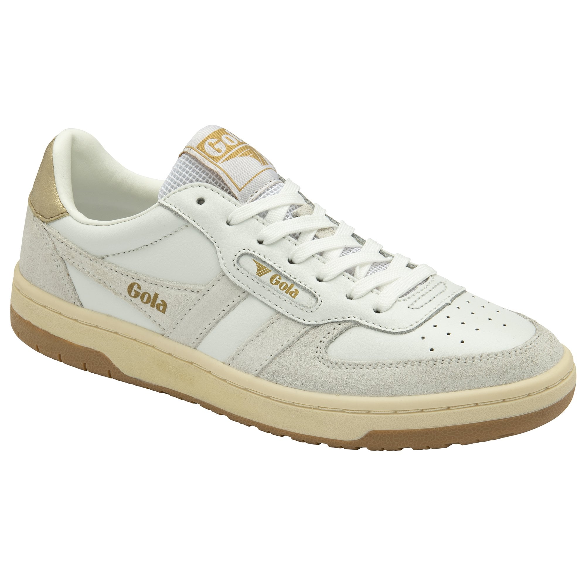 Angled view of a white Gola sneaker with gold accents and a brown sole.