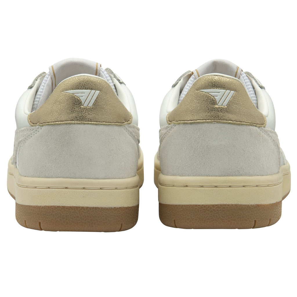 Back view of a pair of white Gola sneakers with gold heel tabs.