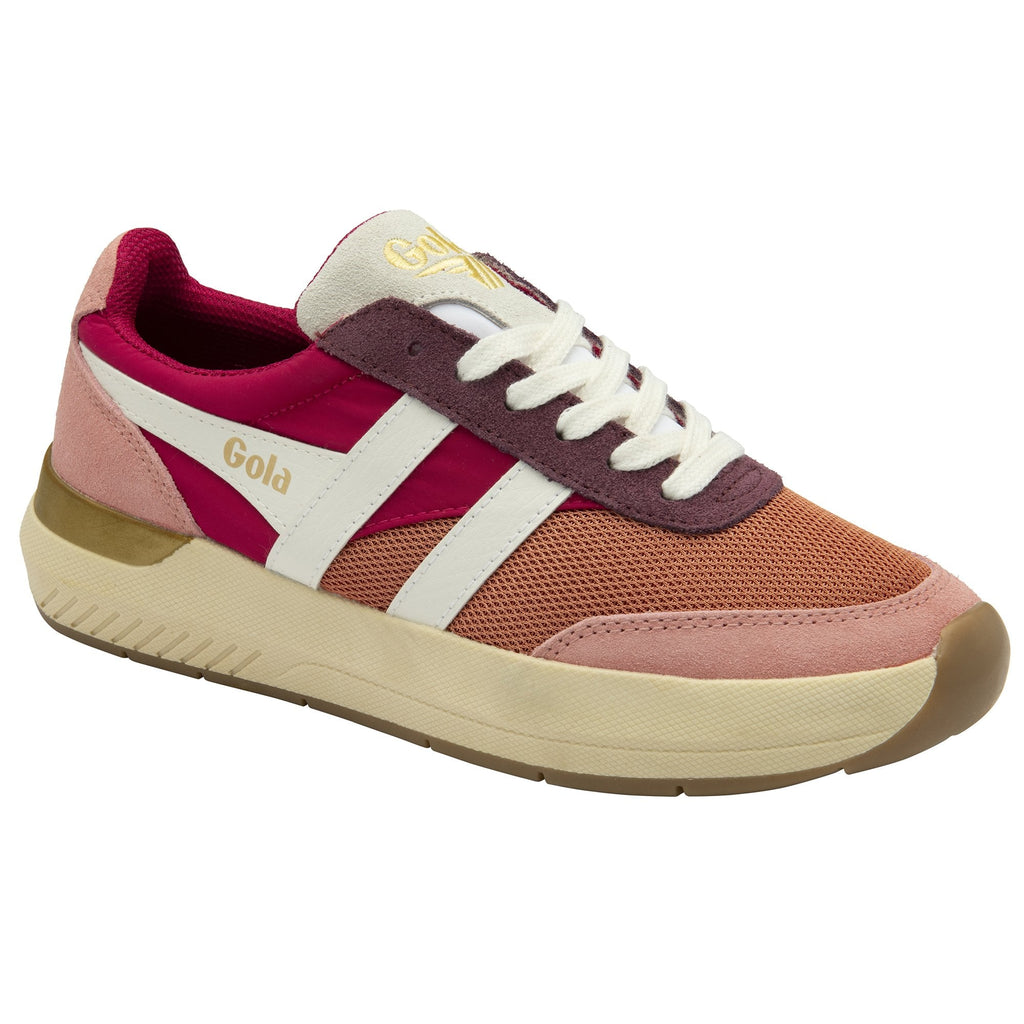 A women's Gola trainer in shades of pink and orange with white stripes and laces.