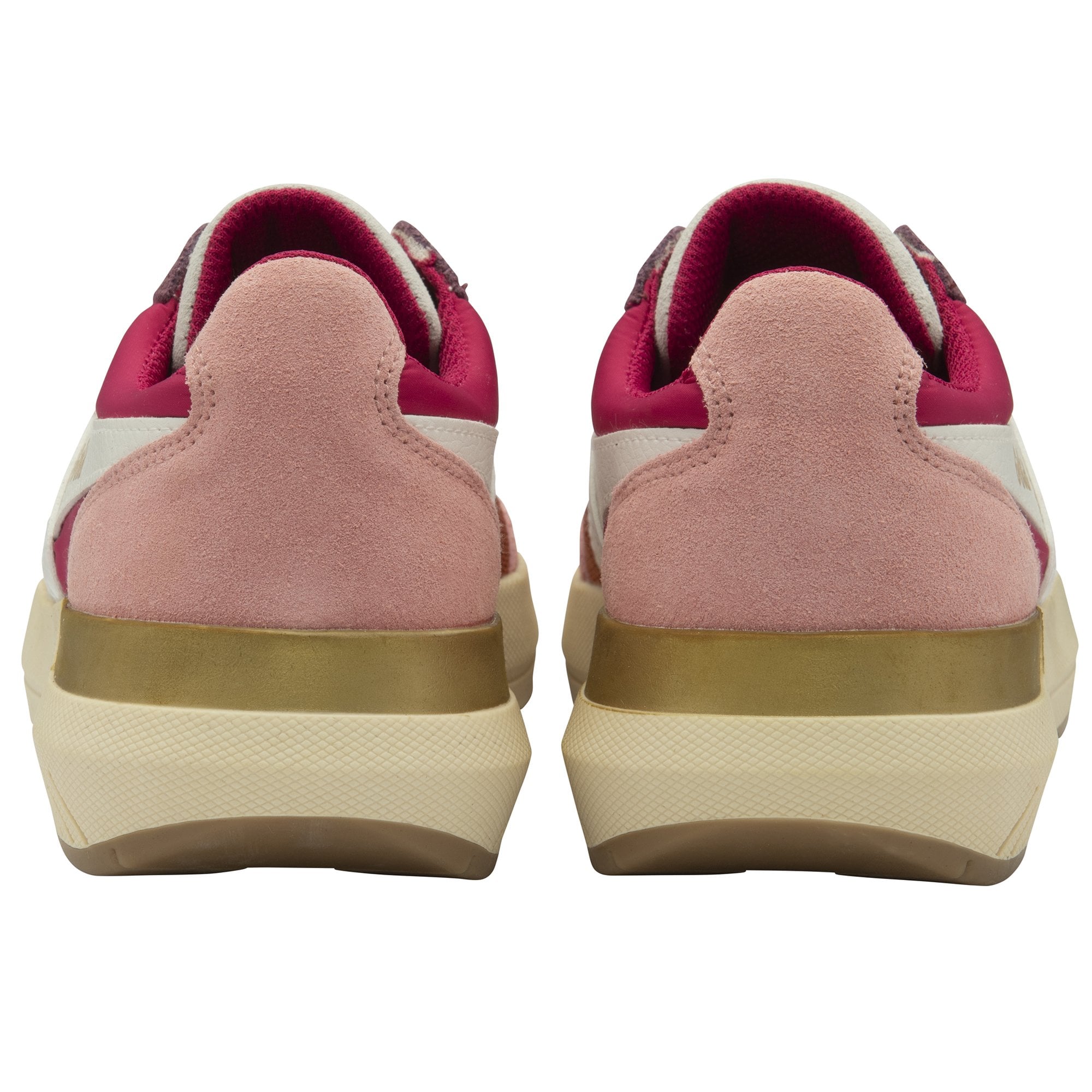 The rear view of a pair of Gola women's trainers in shades of pink and orange.