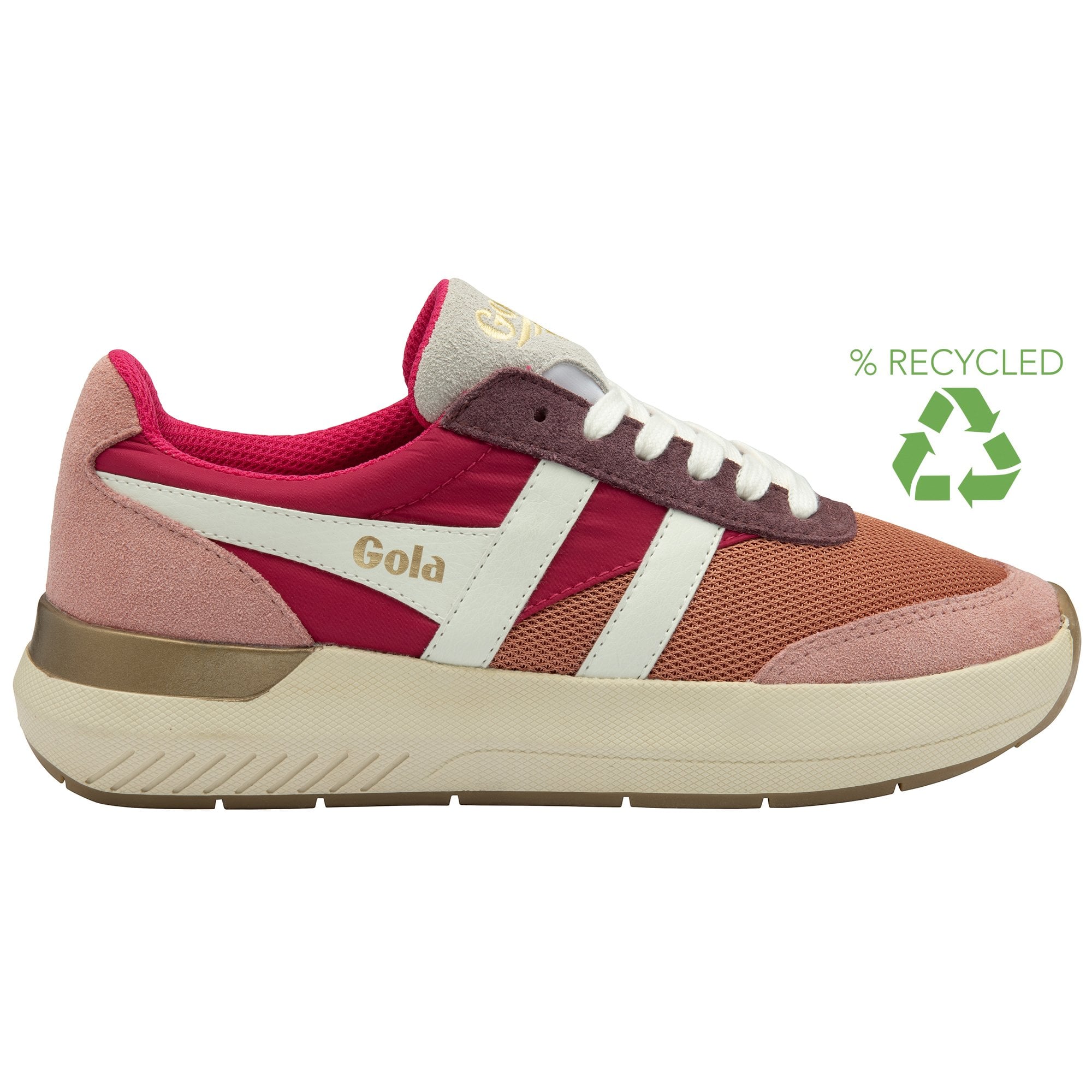 A recycled Gola women's trainer, in shades of pink and orange with white stripes on the side.