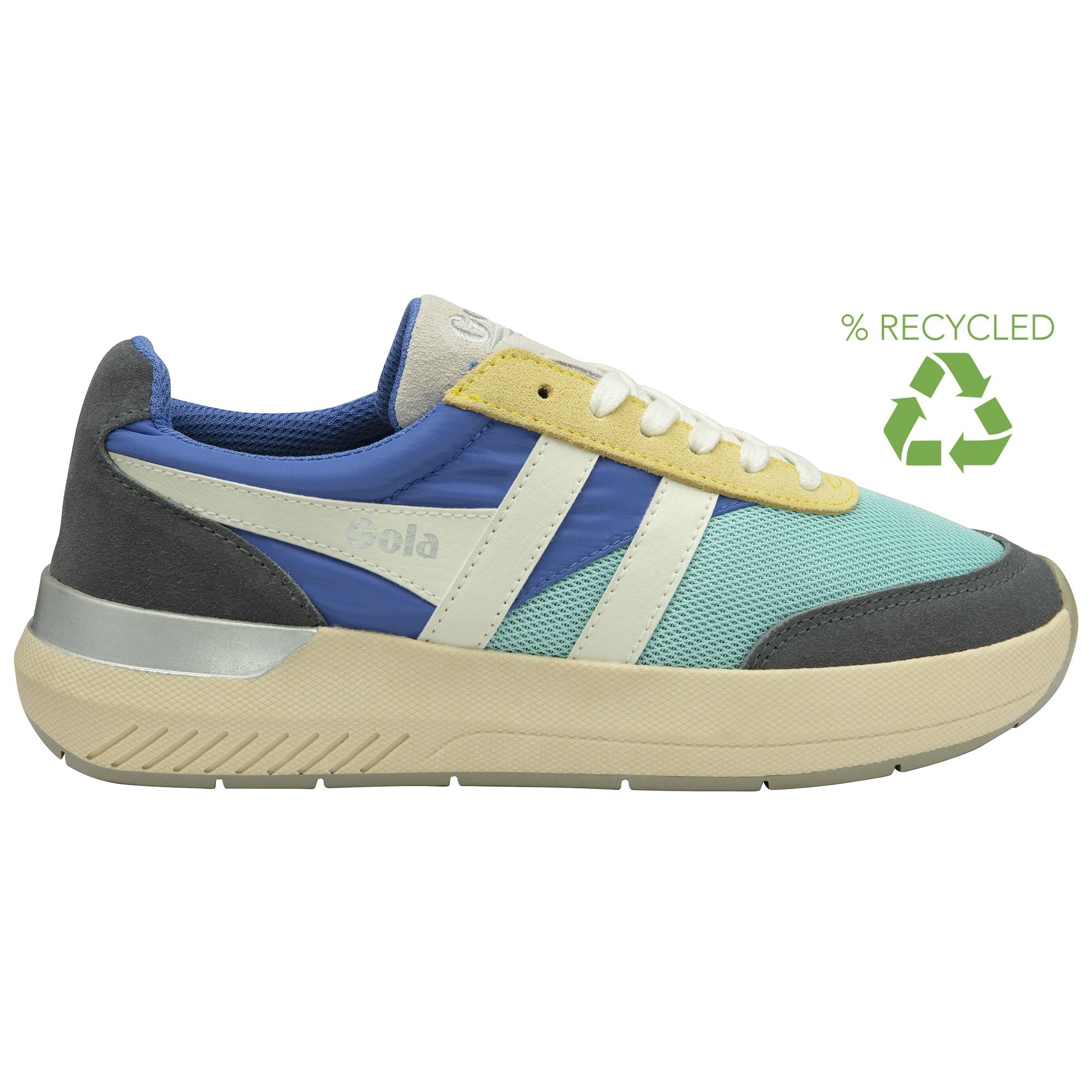 Side view of a single blue, teal, and gray recycled Gola sneaker with a recycle logo.