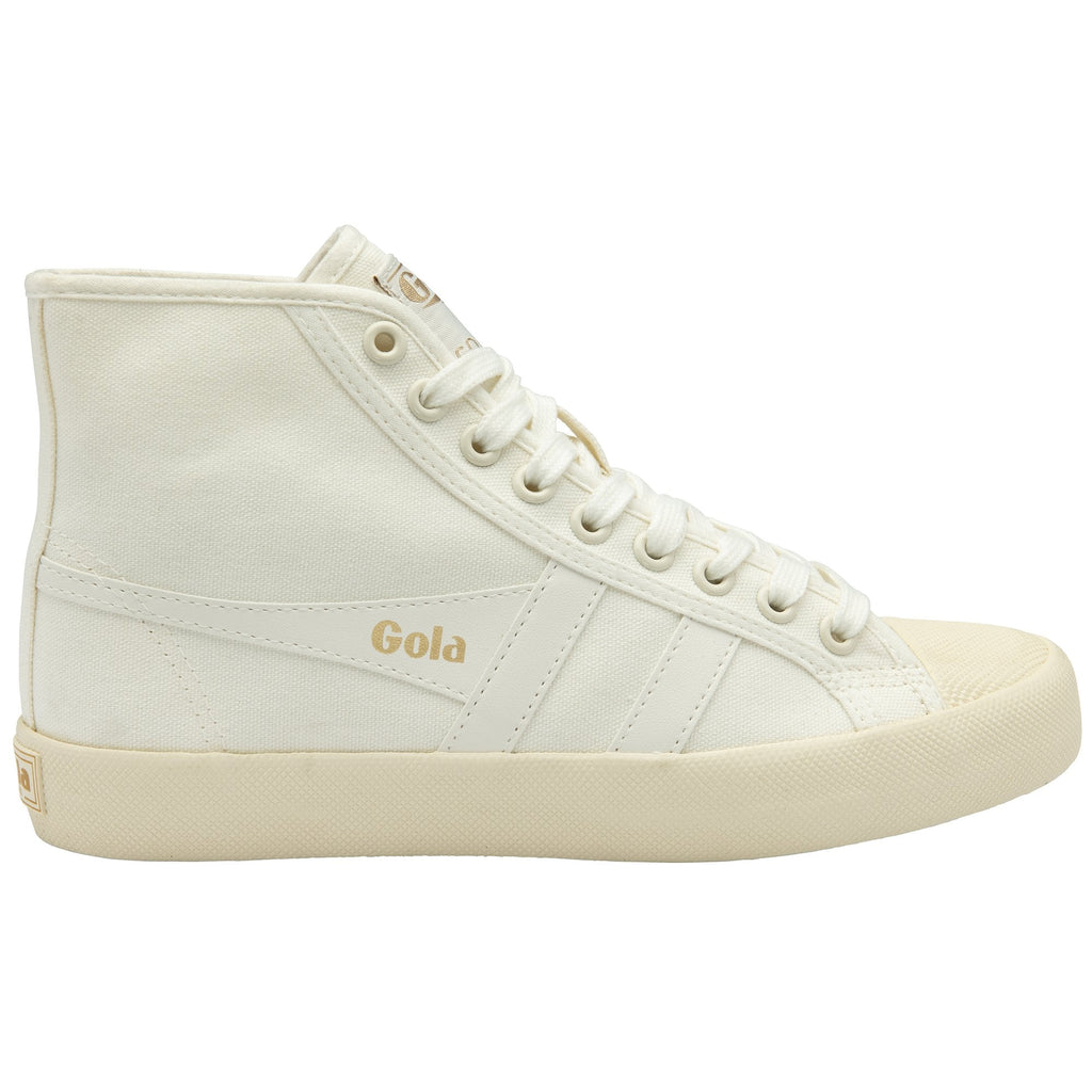 A white Gola high-top sneaker with beige sole, laces, and toe cap.