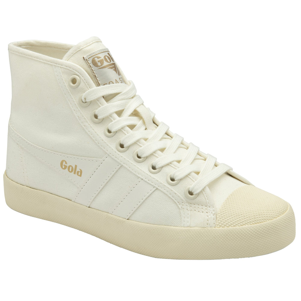 A white Gola high-top sneaker with beige sole, laces, and toe cap.