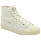 A white Gola high-top sneaker with beige sole, laces, and toe cap.
