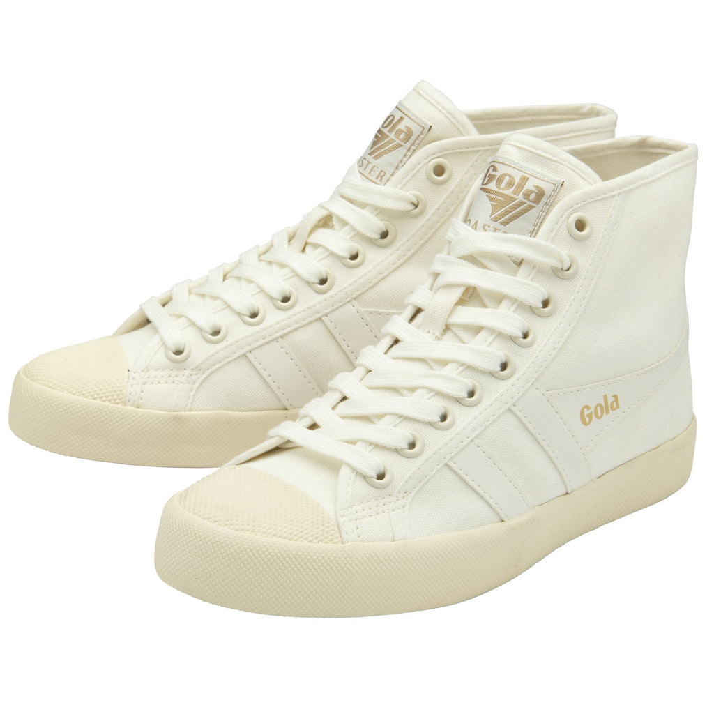 A pair of white Gola high-top sneakers with beige soles, laces, and toe caps.