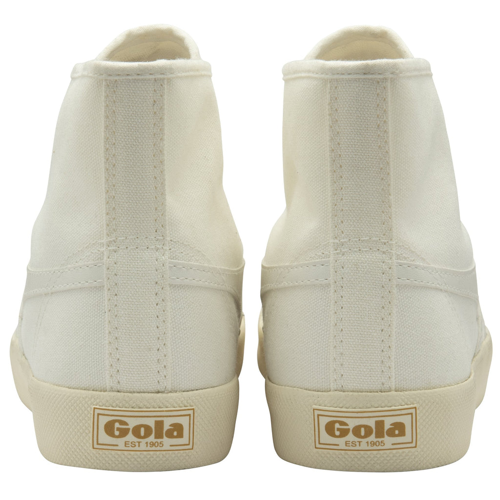 Back view of a pair of white Gola high-top sneakers with beige soles and Gola logo.